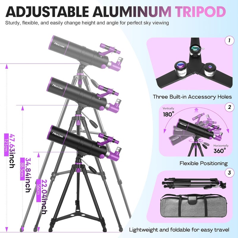 MEEZAA Telescope, Telescope for Adults High Powered, 90mm Aperture 550mm Portable Professional Refractor Telescopes for Kids & Astronomy Beginners with Tripod, Phone Adapter, Carry Bag & Moon Filter - Image 5